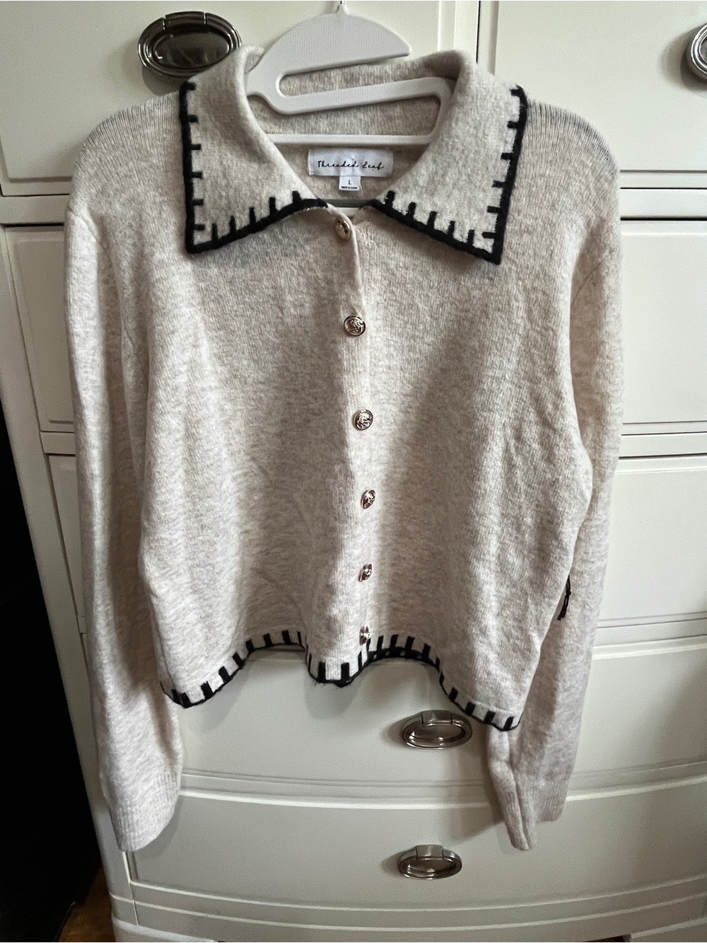 Threaded Leaf Button-Front Cream Cardigan with Black Trim